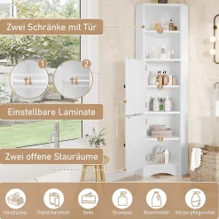 ProximaX Meuble triangulaire salle de bain blanc laqué, 2 étagères ouvertes, 2 portes avec séparateurs réglables, design simple