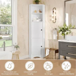 ProximaX Meuble triangulaire salle de bain blanc laqué, 2 étagères ouvertes, 2 portes avec séparateurs réglables, design simple