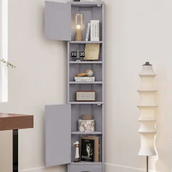 ProximaX Meuble triangulaire salle de bain, résistant à l'humidité, 3 étagères ouvertes, double porte avec étagères réglables, gris