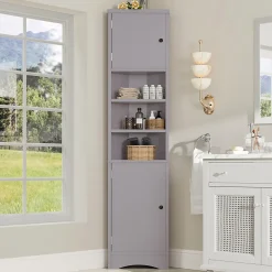 ProximaX Meuble triangulaire salle de bain, résistant à l'humidité, 3 étagères ouvertes, double porte avec étagères réglables, gris