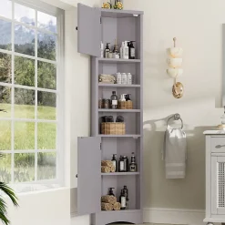 ProximaX Meuble triangulaire salle de bain, résistant à l'humidité, 3 étagères ouvertes, double porte avec étagères réglables, gris