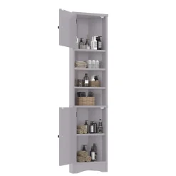 ProximaX Meuble triangulaire salle de bain, résistant à l'humidité, 3 étagères ouvertes, double porte avec étagères réglables, gris