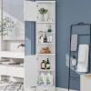 ProximaX Meuble triangulaire salle de bain blanc, résistant à l'humidité, étagères ouvertes, double porte avec étagères réglables