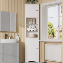 ProximaX Meuble triangulaire salle de bain blanc, résistant à l'humidité, étagères ouvertes, double porte avec étagères réglables