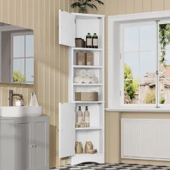 ProximaX Meuble triangulaire salle de bain blanc, résistant à l'humidité, étagères ouvertes, double porte avec étagères réglables