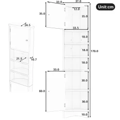 ProximaX Meuble triangulaire salle de bain blanc, résistant à l'humidité, étagères ouvertes, double porte avec étagères réglables