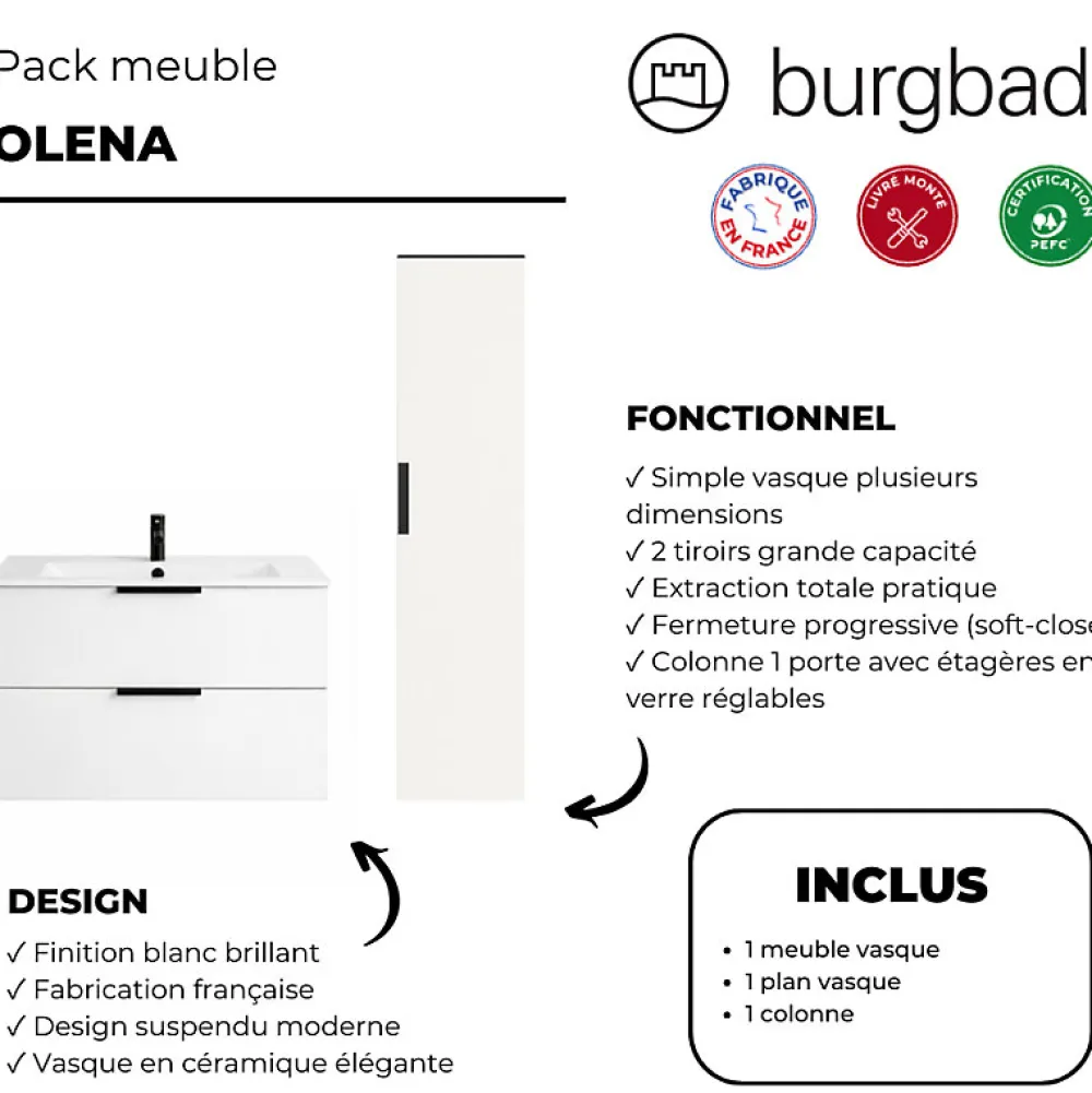 Burgbad Meuble vasque 90 cm Olena blanc brillant + colonne