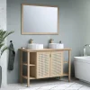 Meuble vasque à poser 2 portes avec plan de toilette l.114 x H.80 x P.50 cm, placage chêne et cannage, Thiam