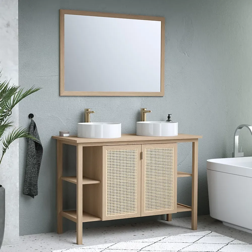Meuble vasque à poser 2 portes avec plan de toilette l.114 x H.80 x P.50 cm, placage chêne et cannage, Thiam