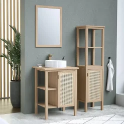 Meuble Buanderie|Meuble Vasque| Meuble vasque à poser 1 porte avec plan de toilette l.61 x H.80 x P.50 cm, placage chêne et cannage, Thiam