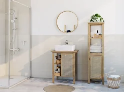 Meuble Buanderie|Meuble Vasque| Meuble vasque à poser 1 porte avec plan de toilette l.61 x H.80 x P.50 cm, placage chêne et cannage, Thiam