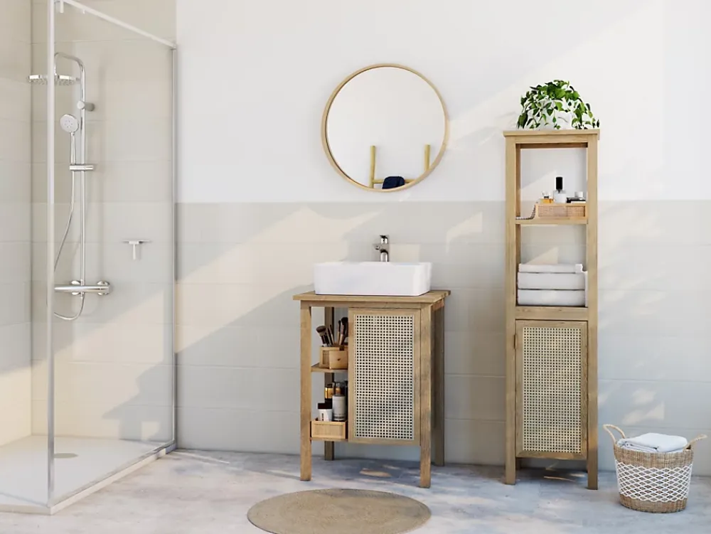 Meuble Buanderie|Meuble Vasque| Meuble vasque à poser 1 porte avec plan de toilette l.61 x H.80 x P.50 cm, placage chêne et cannage, Thiam