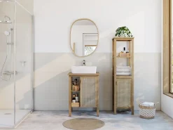 Meuble Buanderie|Meuble Vasque| Meuble vasque à poser 1 porte avec plan de toilette l.61 x H.80 x P.50 cm, placage chêne et cannage, Thiam