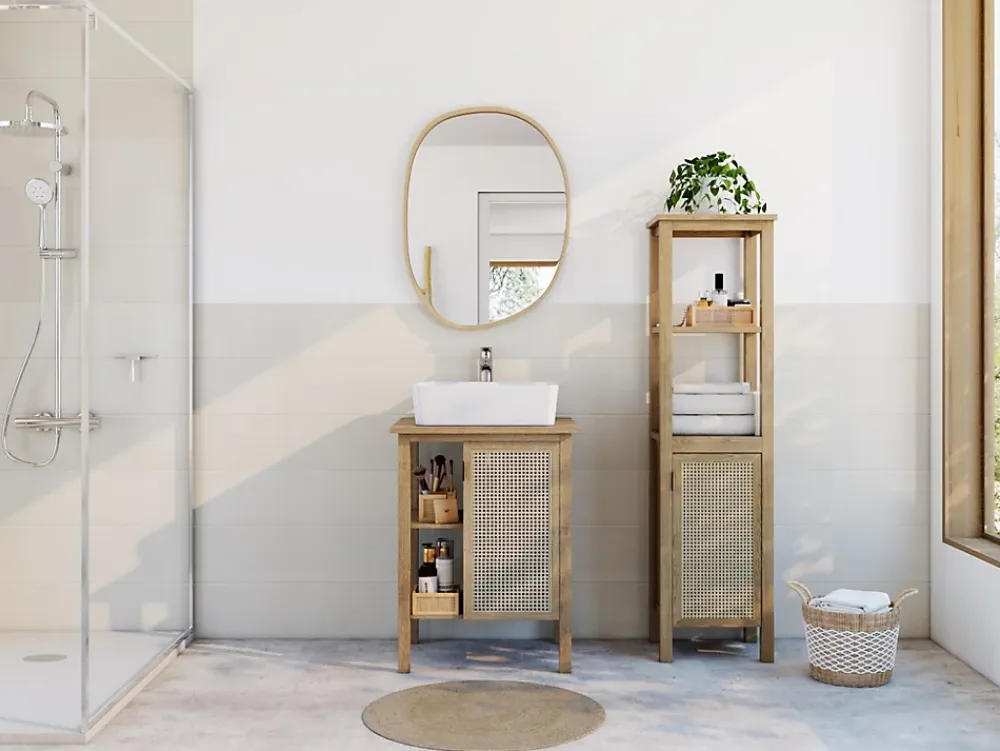 Meuble Buanderie|Meuble Vasque| Meuble vasque à poser 1 porte avec plan de toilette l.61 x H.80 x P.50 cm, placage chêne et cannage, Thiam