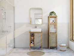 Meuble Buanderie|Meuble Vasque| Meuble vasque à poser 1 porte avec plan de toilette l.61 x H.80 x P.50 cm, placage chêne et cannage, Thiam