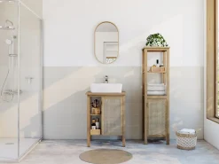 Meuble Buanderie|Meuble Vasque| Meuble vasque à poser 1 porte avec plan de toilette l.61 x H.80 x P.50 cm, placage chêne et cannage, Thiam