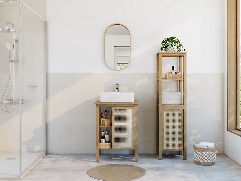 Meuble Buanderie|Meuble Vasque| Meuble vasque à poser 1 porte avec plan de toilette l.61 x H.80 x P.50 cm, placage chêne et cannage, Thiam