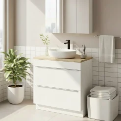 GoodHome Meuble vasque à poser blanc brillant l.80 cm Imandra + plan de toilette chêne massif Hartland,