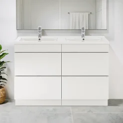Meuble Vasque|GoodHome Meuble vasque à poser blanc brillant l.120 cm Imandra + plan double vasque blanc céramique Nira,