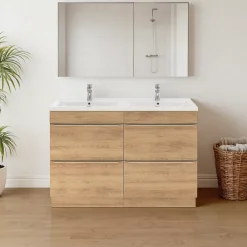 Meuble Vasque|GoodHome Meuble vasque à poser effet chêne l.120 cm Imandra + plan double vasque blanc céramique Nira,