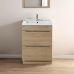Meuble Vasque|GoodHome Meuble vasque à poser effet chêne l.60 cm Imandra + plan vasque blanc céramique Lana,