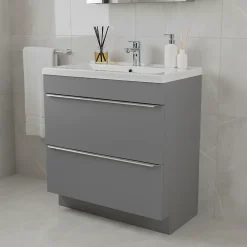 GoodHome Meuble vasque à poser gris l.80 cm Imandra + plan vasque blanc céramique Nira,