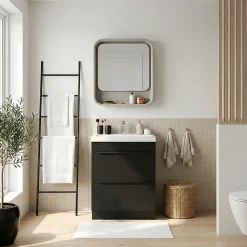 Meuble Vasque|GoodHome Meuble vasque à poser noir mat l.60 cm Imandra + plan vasque blanc résine Mila,