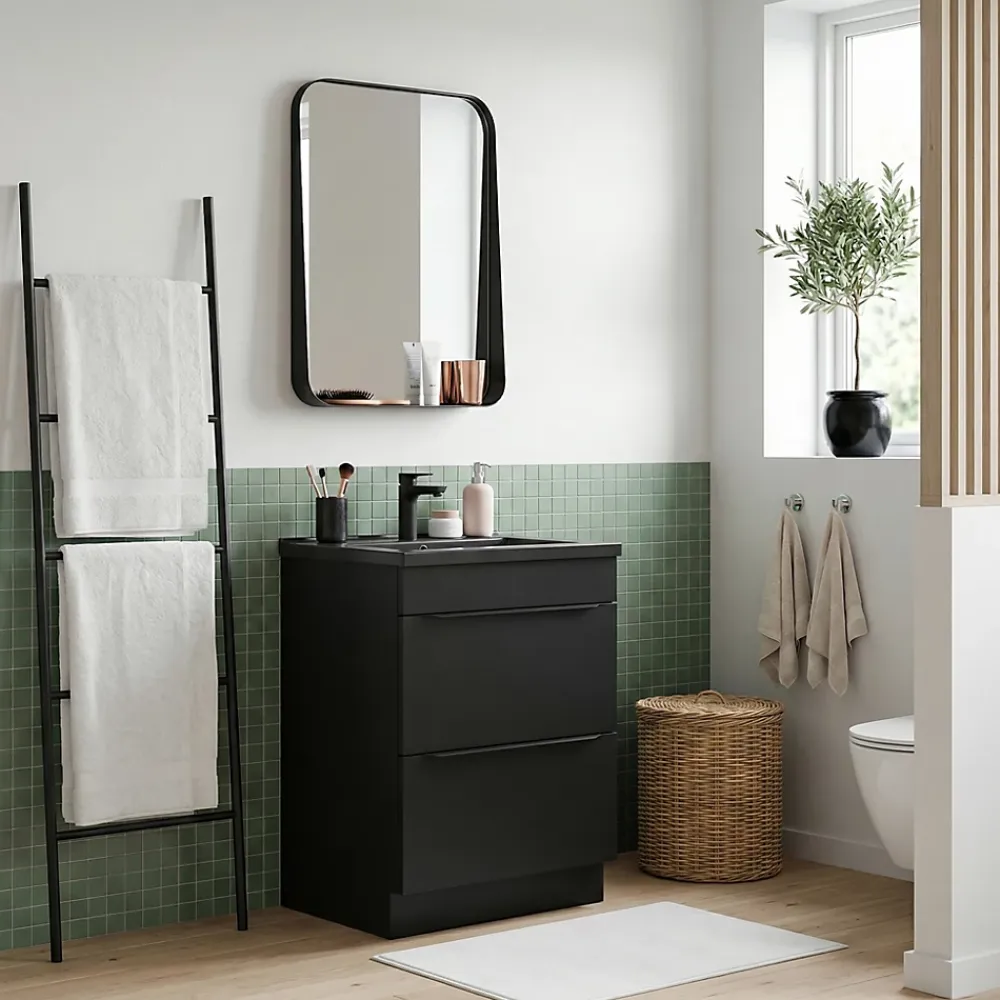 Meuble Vasque|GoodHome Meuble vasque à poser noir mat l.60 cm Imandra + plan vasque noir céramique Nira,