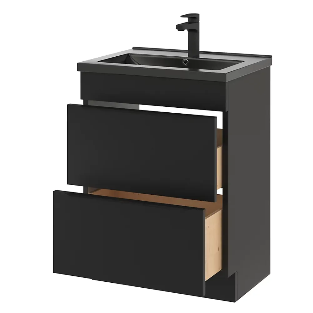 Meuble Vasque|GoodHome Meuble vasque à poser noir mat l.60 cm Imandra + plan vasque noir céramique Nira,