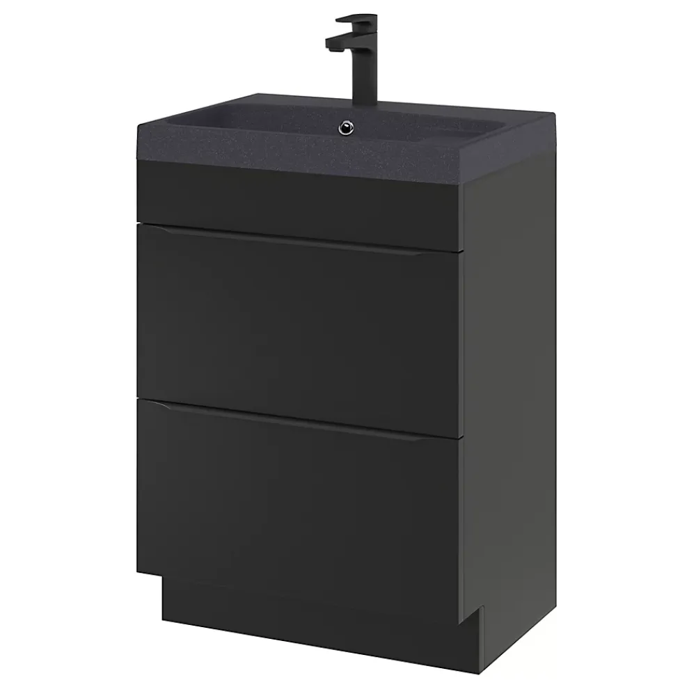Meuble Vasque|GoodHome Meuble vasque à poser noir mat l.60 cm Imandra + plan vasque noir résine Mila,