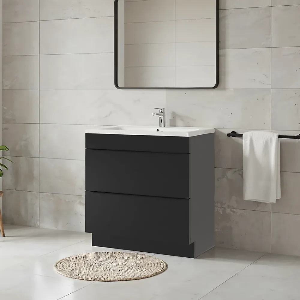 Meuble Vasque|GoodHome Meuble vasque à poser noir mat l.80 cm Imandra + plan vasque blanc céramique Nira,