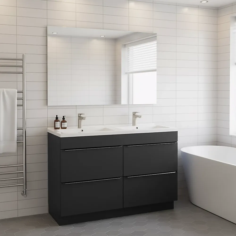 Meuble Vasque|GoodHome Meuble vasque à poser noir mat l.120 cm Imandra + plan double double vasque blanc céramique Nira,