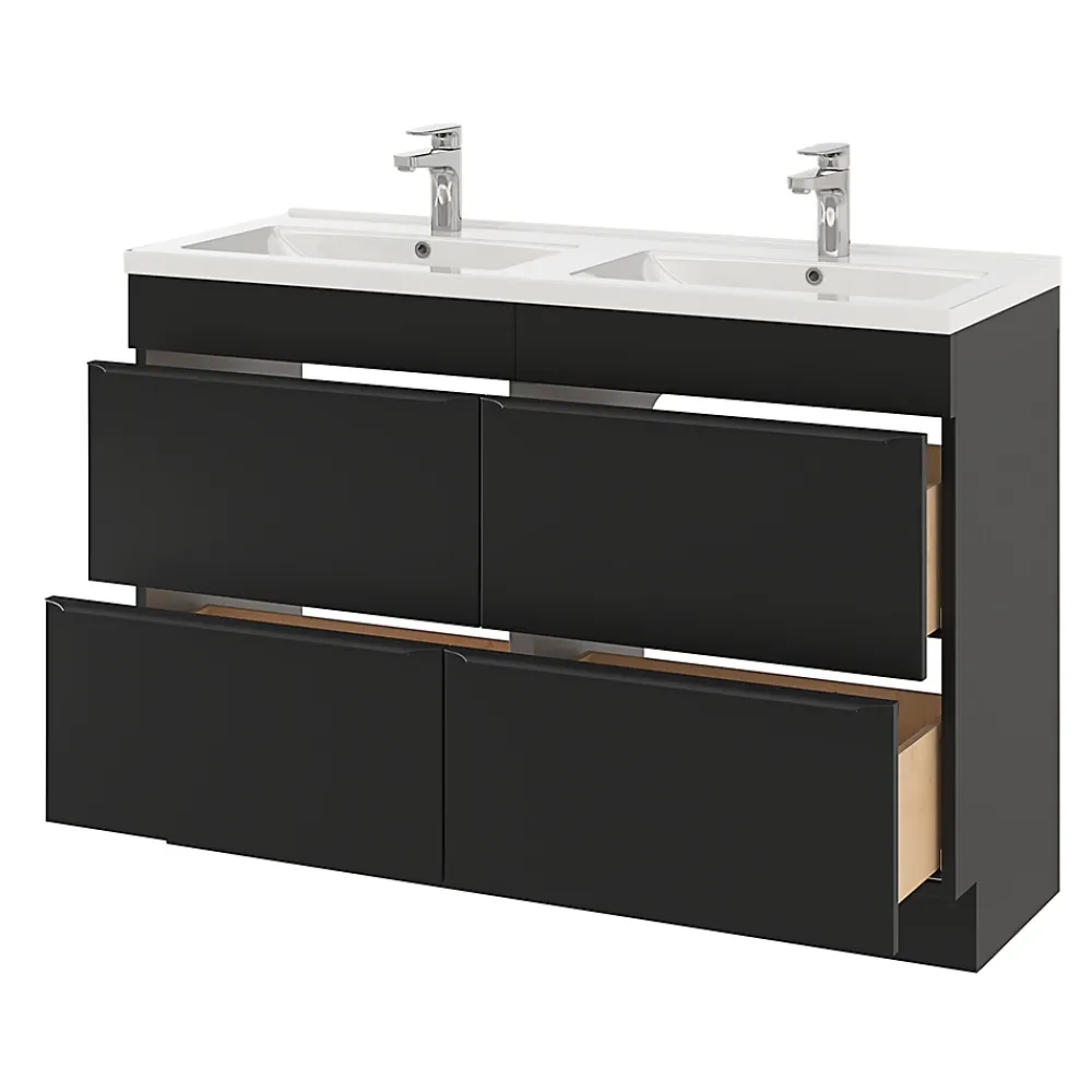 Meuble Vasque|GoodHome Meuble vasque à poser noir mat l.120 cm Imandra + plan double double vasque blanc céramique Nira,