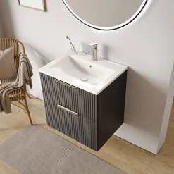Bernstein Meuble vasque Anthracite mat strié de salle de bain 60x46x62cm (LxPxH) + vasque céramique, Poignées chrome - TIM60