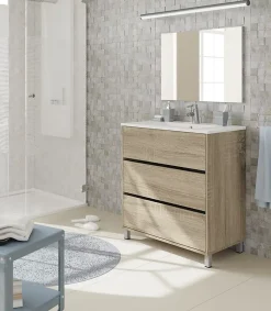 Pegane Meuble Vasque avec miroir coloris Cambrian - Hauteur 90 x Longueur 81.5 x Profondeur 46.5 cm