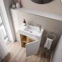 Lave-Mains|Bernstein Meuble vasque Blanc mat de salle de bain 55x24x59cm (LxPxH) 1 porte à droite + 2 cases rangement - BELDIVO
