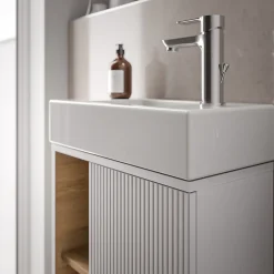 Lave-Mains|Bernstein Meuble vasque Blanc mat de salle de bain 55x24x59cm (LxPxH) 1 porte à droite + 2 cases rangement - BELDIVO