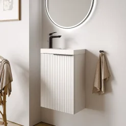 Lave-Mains|Bernstein Meuble vasque Blanc mat strié de salle de bain 40x22x55cm (LxPxH) + vasque céramique, Poignée Noir mat - TIM40