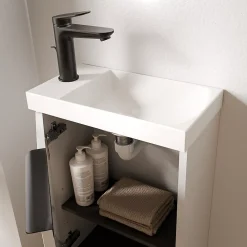 Lave-Mains|Bernstein Meuble vasque Blanc mat strié de salle de bain 40x22x55cm (LxPxH) + vasque céramique, Poignée Noir mat - TIM40