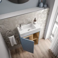 Lave-Mains|Bernstein Meuble vasque Bleu azur mat de salle de bain 55x24x59cm (LxPxH) 1 porte à gauche + 2 cases rangement - BELDIVO