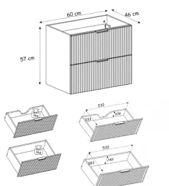3xE Living Meuble vasque, Cachemire, 60 x 57 x 46 cm, poignée argentée, sans plateau
