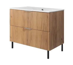 3xE Living Meuble vasque, Chêne Craft, 80 x 77 x 46 cm, poignée argentée, pieds noirs, sans plateau