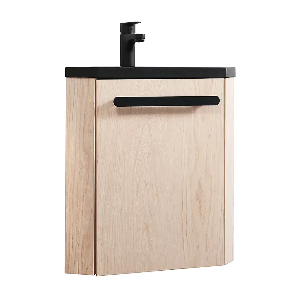 Homesight Meuble vasque d'angle compact suspendu effet chêne + plan vasque noir en résine, Skino