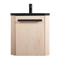 Homesight Meuble vasque d'angle compact suspendu effet chêne + plan vasque noir en résine, Skino