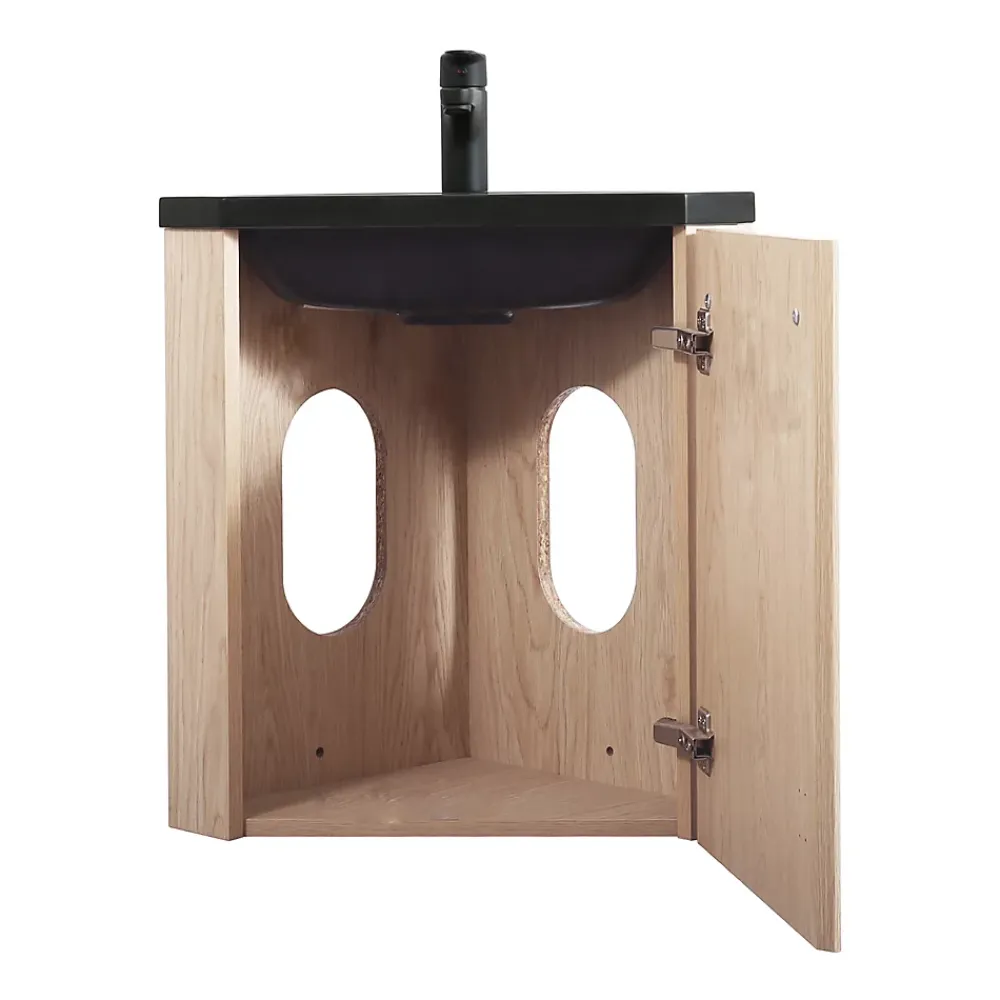 Homesight Meuble vasque d'angle compact suspendu effet chêne + plan vasque noir en résine, Skino