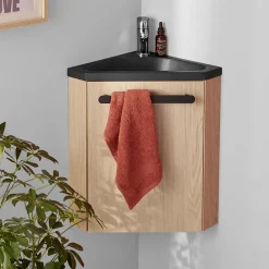Homesight Meuble vasque d'angle compact suspendu effet chêne + plan vasque noir en résine, Skino