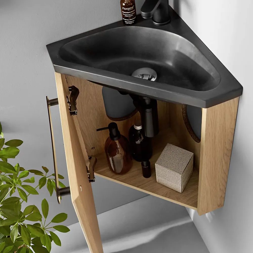 Homesight Meuble vasque d'angle compact suspendu effet chêne + plan vasque noir en résine, Skino