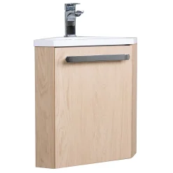 Homesight Meuble vasque d'angle compact suspendu effet chêne + plan vasque blanc en résine, Skino