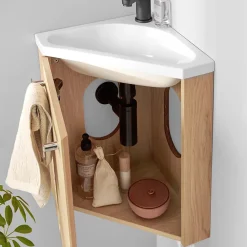 Homesight Meuble vasque d'angle compact suspendu effet chêne + plan vasque blanc en résine, Skino