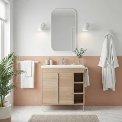 GoodHome Meuble vasque faible profondeur effet bois avec porte-serviette l.85 x H.82 x P.36 cm Maza + plan vasque céramique Nira,